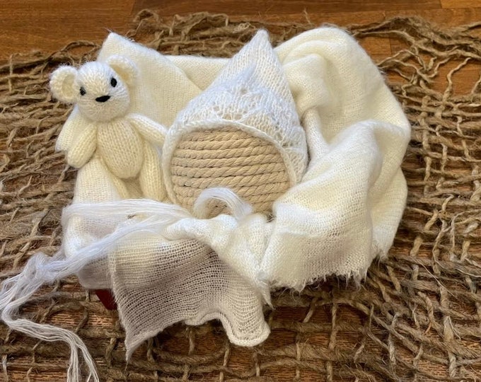 Newborn Teddy Bear set, off white mohair wrap, newborn photo props, newborn soft stuffy, layering set, keepsake gift, newborn pixie bonnet