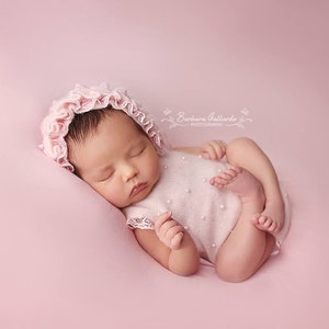 Pearl Romper and Bonnet, newborn photo prop, new baby girl romper, soft sweater knit fabric with pearls, available in white and pink