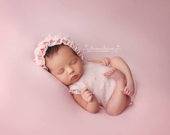Pearl Romper and Bonnet, newborn photo prop, new baby girl romper, soft sweater knit fabric with pearls, available in white and pink