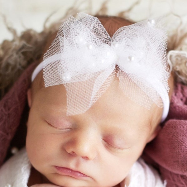 Pearl Tulle Headband, newborn photo prop, white tulle with pearls, Christening headband,newborn headband, princess headband, sitter headband