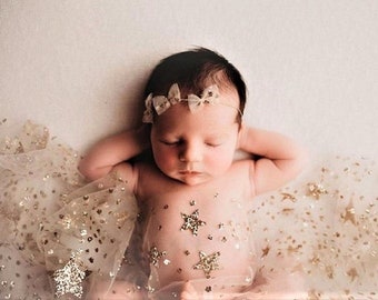 Sheer Star Wrap, newborn photo wrap, wrap with gold stars, newborn sheer wrap, star tie back, newborn baby wrap,gold star wrap,newborn layer