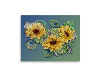 Sunflowers and Peacock Feathers Watercolor Print