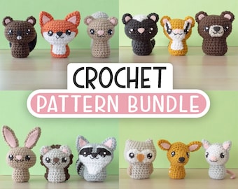 Crochet Renard, Écureuil, Castor, Chipmunk, Ours, Lapin, Raton Laveur, Hérisson Modèles Amigurumi | Ensemble de motifs Backyard Critters 1-4