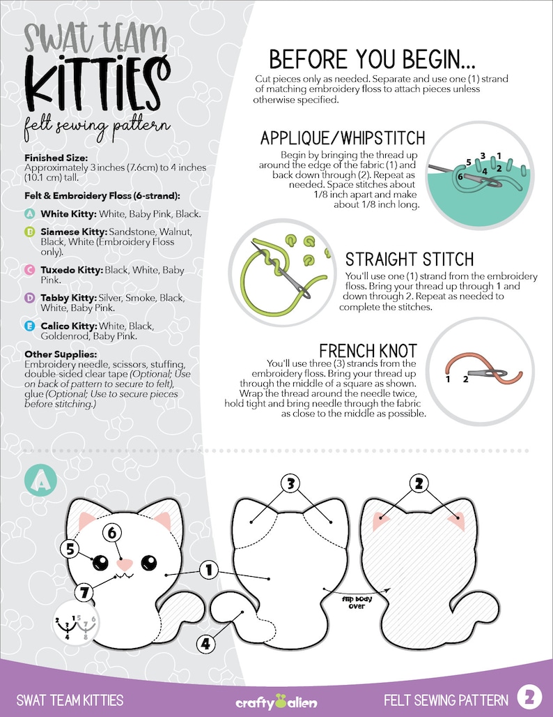 Inside cover of Swat Team Kitties Felt Sewing Pattern, showing sizing, materials needed and stitch information and instructions.