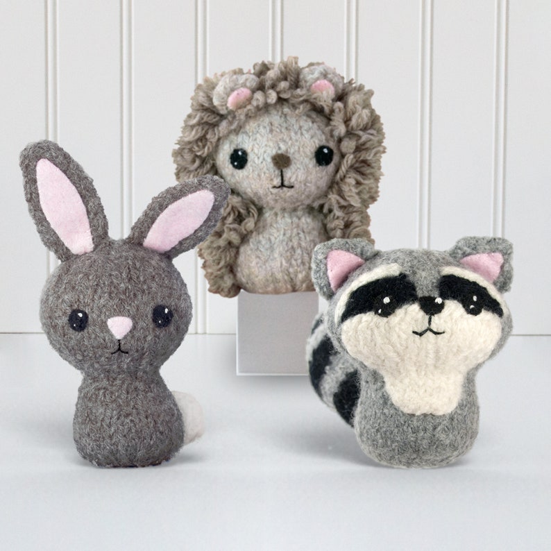 Backyard Critters 3 Felted Knitting Amigurumi Pattern with Bunny, Hedgehog and Raccoon image 1