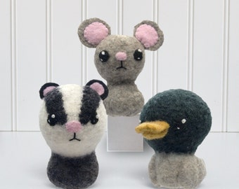 Backyard Critters 7 Felted Knitting Amigurumi Pattern with Mouse, Mallard Duck, Badger