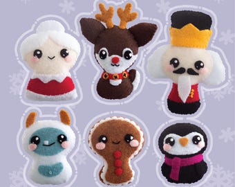 Felt Christmas Ornaments Sewing Pattern: Mrs. Santa, Reindeer, Penguin (PDF Pattern)