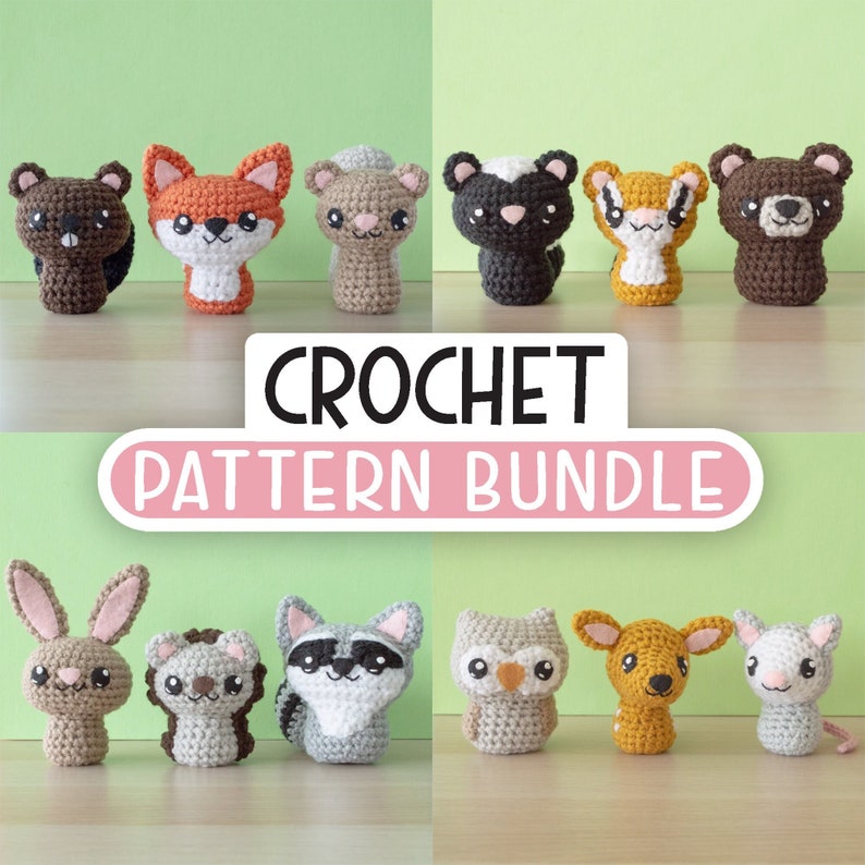 Crochet Fox, Squirrel, Beaver, Chipmunk, Bear, Rabbit, Raccoon, Hedgehog Amigurumi Patterns Backyard Critters 1-4 Pattern Bundle image 1