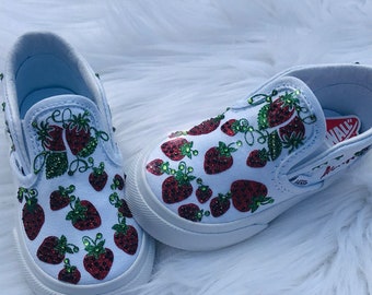 New strawberry birthday party shoes  Vans Slip on  Customized with Name & Crystals (if you choose)  1st birthday outfit shoes