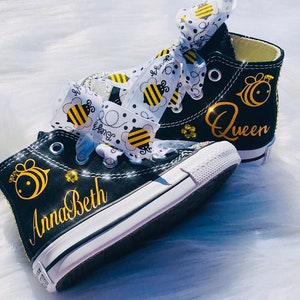 NEW Black white  high top queen bee shoes  Customized with Name &  Crystals (if you choose)