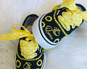 NEW Vans queen bee sunflower shoes Customized with Name & Crystals adorable for summer birthday party outfit baby, toddler shoes