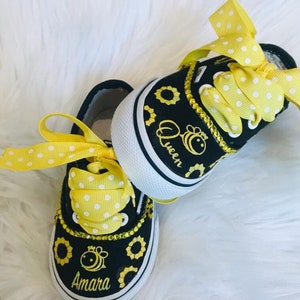 NEW Vans queen bee sunflower shoes Customized with Name & Crystals adorable for summer birthday party outfit baby, toddler shoes