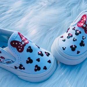 New White Minnie Mouse Disney or Mickey  Inspired Vans Slip on  Customized with Name & Swarovski Crystals (if you choose) glitter