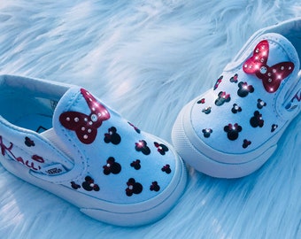 New White Minnie Mouse Disney or Mickey  Inspired Vans Slip on  Customized with Name & Swarovski Crystals (if you choose) glitter