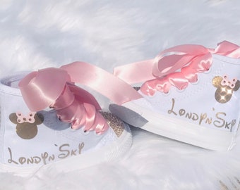 White Minnie Mouse Disney Inspired Crystalized High-top Converse Customized with Name & crystalized gold crystals light pink ribbon