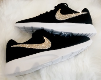 Nike Women's Tanjun Shoes (Black) white Custom Blinged with gold crystals beautiful