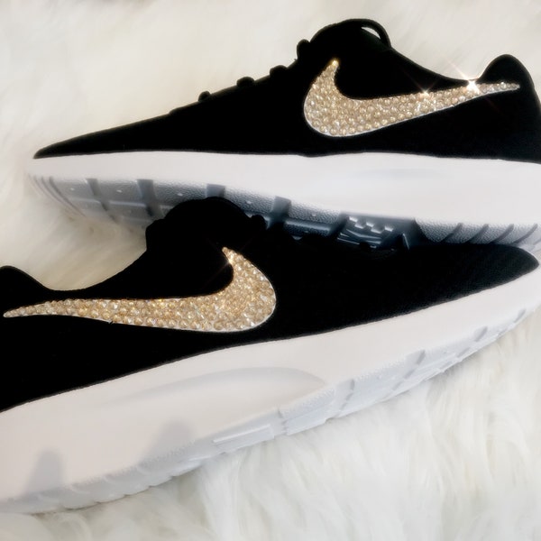 Nike Women's Tanjun Shoes (Black) white Custom Blinged with gold crystals beautiful