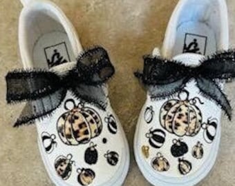 Infant toddler baby girl boy autumn halloween pumpkin leopard crystals bling Vans slip on shoes bling shoes pumpkin outfit thanksgiving