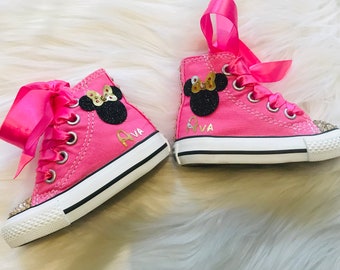 Pink Minnie Mouse Disney Inspired Crystalized High-top Converse Customized with Name & Crystals (if you choose) gold bows