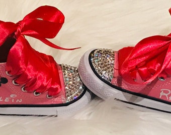Pink Minnie Mouse Disney Inspired Crystalized High-top Converse Customized with Name &  Crystals (if you choose)