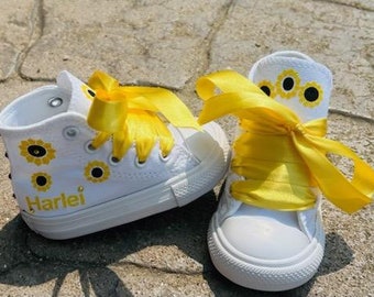 NEW Sunflower Crystalized High-top Converse Customized with Name & crystals  (if you choose)  yellow ribbon glitter