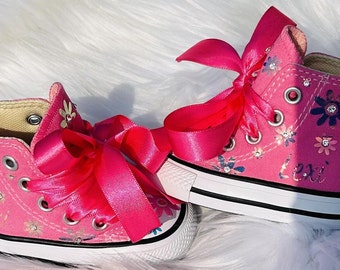 Sale!  New stunning Pink daisy High-top Converse Customized with Name & Crystals iridescent birthday shoes toddler shoes baby shoes flowers