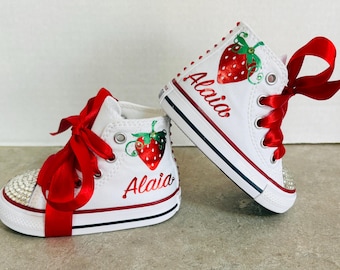 Personalized Converse Chuck Taylor Sneakers – Strawberry, Crystals, Red Ribbon birthday shoes