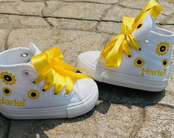 NEW Sunflower Crystalized High-top Converse Customized with Name & Swarovski Crystals (if you choose)  yellow ribbon glitter