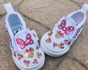 Beautiful White Gold and pink Minnie Vans bling shoes with crystals personalized shoes  Complete your birthday outfit Disney