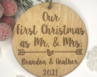 Our First Christmas as Mr. and Mrs. Ornament - Personalized Wood Ornament, Just Married, First Christmas Married, Wedding