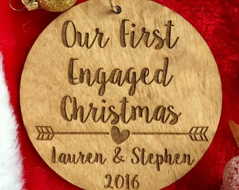 First Engaged Christmas Ornament - Personalized Wood Ornament, He Asked, She Said Yes, Gift for Her, Engagement Gift, Jus