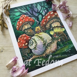 May include: A whimsical watercolor painting of a snail carrying a small house on its back. The snail is surrounded by large red and white mushrooms with glowing lights. The scene is set in a dark forest with green foliage.