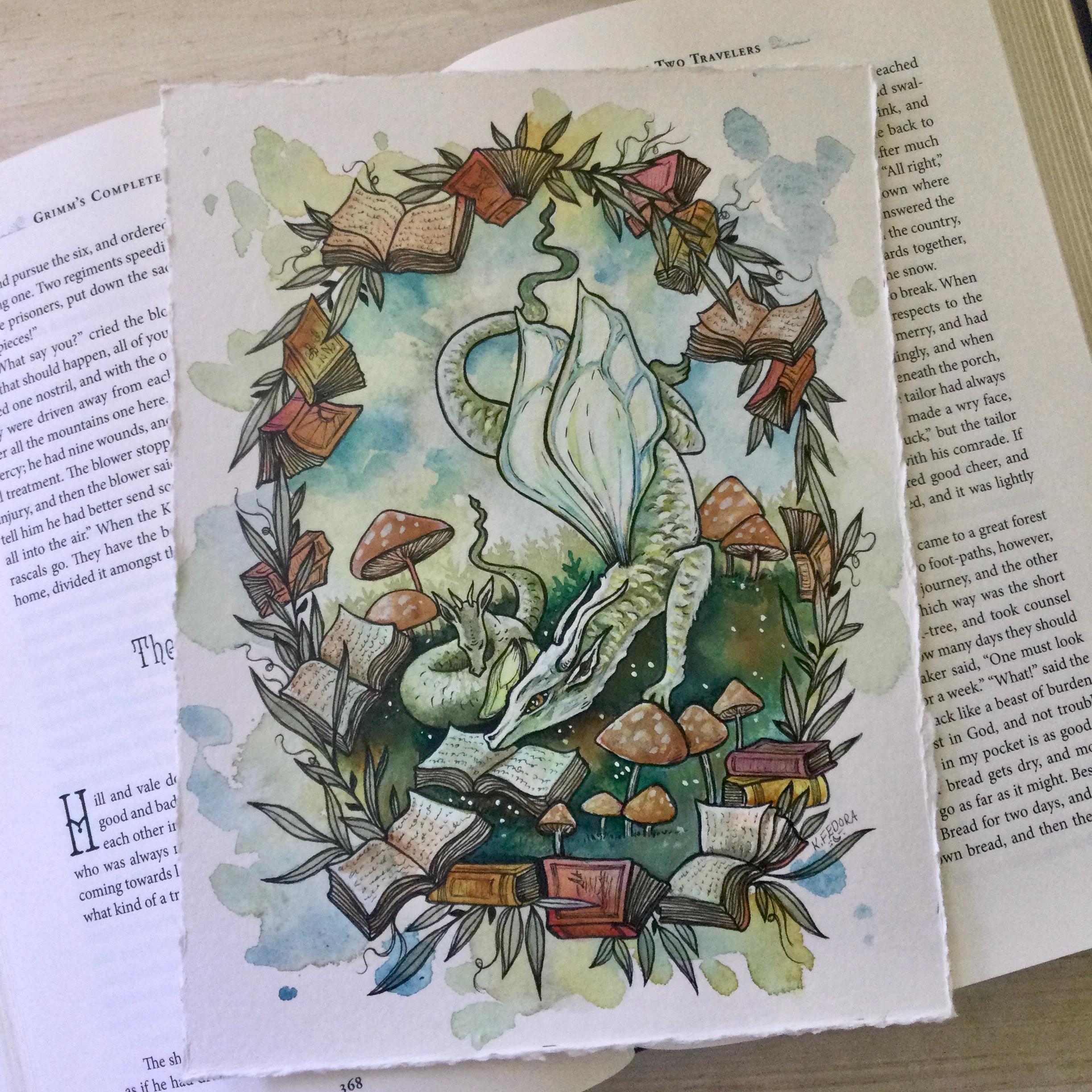 本のドラゴン、オリジナル水彩画、6x8インチ - Etsy 日本