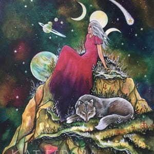 Mother Of Wolves And Stars, Original Watercolor Painting, 11x14 inches
