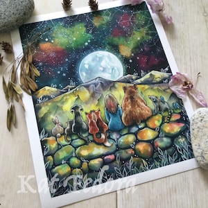 May include: A watercolor painting of a group of animals and a person sitting on a stone wall, looking up at a full moon and starry night sky. The animals include a bear, a raccoon, a cat, a dog, and a rabbit. The person is wearing a blue shirt. The painting is done in a whimsical style with bright colors.