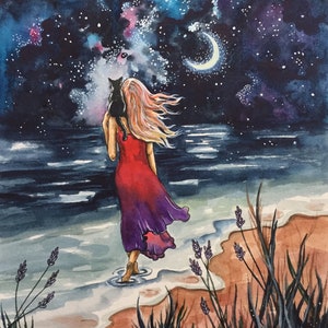 May include: A watercolor painting of a woman with long, flowing hair walking on a beach at night. She is wearing a red dress and has a black cat on her shoulder. The sky is filled with stars and a crescent moon.