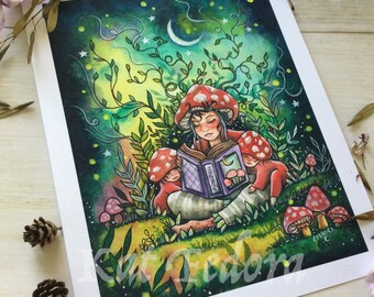May include: A watercolour painting of a mushroom person reading a book to two smaller mushroom people. The scene is set in a forest at night with glowing fireflies and a crescent moon.