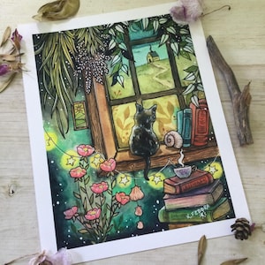 May include: Watercolor illustration of a black cat gazing out a window. The scene includes books, a teacup, and a view of a house in a field. Pink flowers and string lights decorate the foreground. The artwork is signed "K. Fedora".