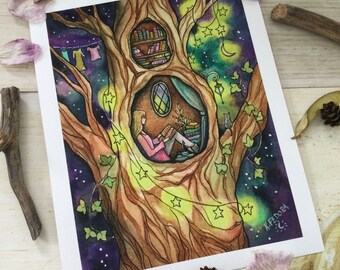 May include: A watercolour painting of a woman reading a book in a tree hollow. The tree is surrounded by stars and vines. The painting is signed "Kfedora".