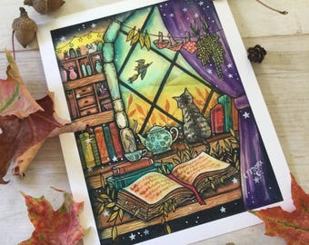 May include: A watercolour illustration of a cosy room with a window, a cat, books, and a teapot. The window is open and there are stars in the sky. The cat is sitting on a windowsill and looking out the window. There are books stacked on a shelf and a teapot on a table. The room is decorated with a purple curtain and a string of lights.