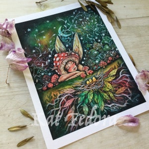 Beautiful Little Life,  Print 6x8 inches. Mushroom fairy enjoying nature, birds nest and moon.