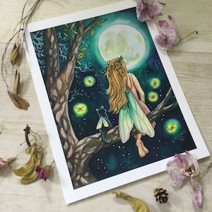 Moonrise Spirit,  Print 6x8 inches. Fairy girl and cat sit in tree watching a full moon rise.