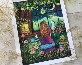 May include: A watercolour illustration shows a person looking out of a window at a night scene with a crescent moon and stars. A white cat sits on the windowsill. The scene includes a tea set, flowers, and a small house.