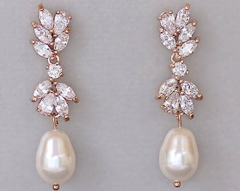 Rose Gold Earrings, Pearl Drop Earrings, Rose Gold Bridal Earrings, Rose Gold Jewelry, Pearl Bridesmaids Earrings, ANNIE RGP