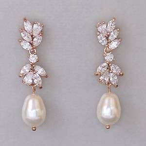 Rose Gold Earrings, Pearl Drop Earrings, Rose Gold Bridal Earrings, Rose Gold Jewelry, Pearl Bridesmaids Earrings, ANNIE RGP