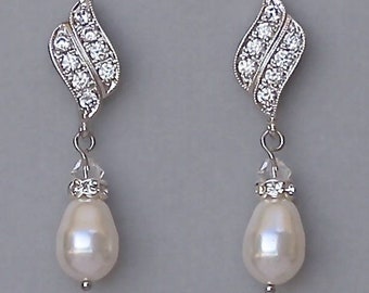 Pearl Drop Earrings, Crystal and Pearl Bridal Earrings, Bridesmaids Earrings,  Vintage Style Wedding Earrings, Bridal Jewelry