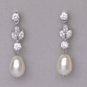 Crystal & Pearl Drop Bridal Earrings,White Gold Crystal Wedding Earrings, ASHLEY SP