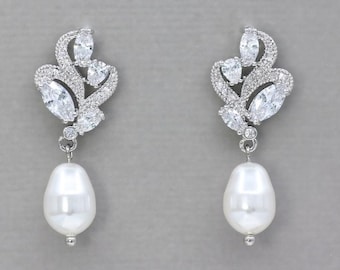 Crystal Pearl Drop Bridal Earrings, Dainty Pearl earrings, Crystal & Pearl Bridal Jewelry, Wedding Jewelry, FLEUR