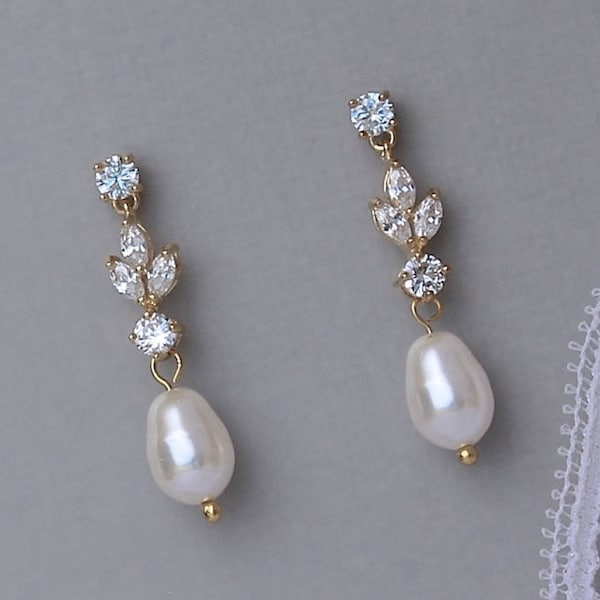 Gold Crystal & Pearl Drop Bridal Earrings, Gold Marquise Crystal Bridal Jewelry, Gold Bridesmaids Gifts ASHLEY GP