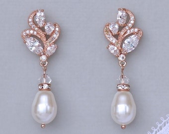 Rose Gold Bridal Earrings, Rose Gold Pearl Drop Earrings, Marquise Crystal Bridal Jewelry, Fleur C